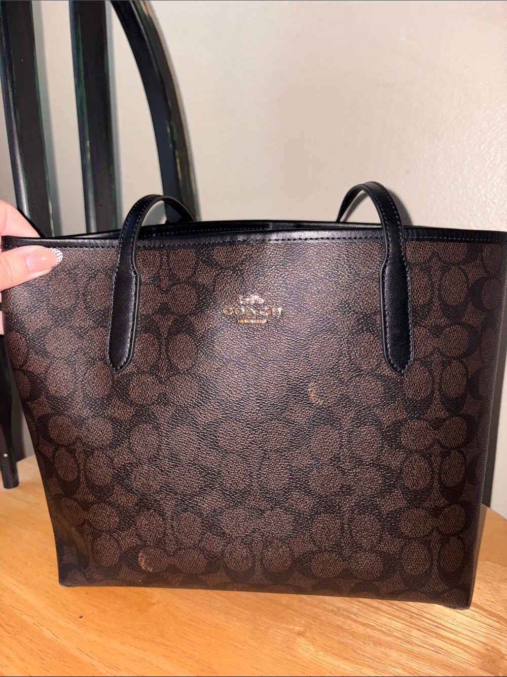 Coach Medium City Tote Brown Signature Canvas Tote with Black Trim and Gold Logo